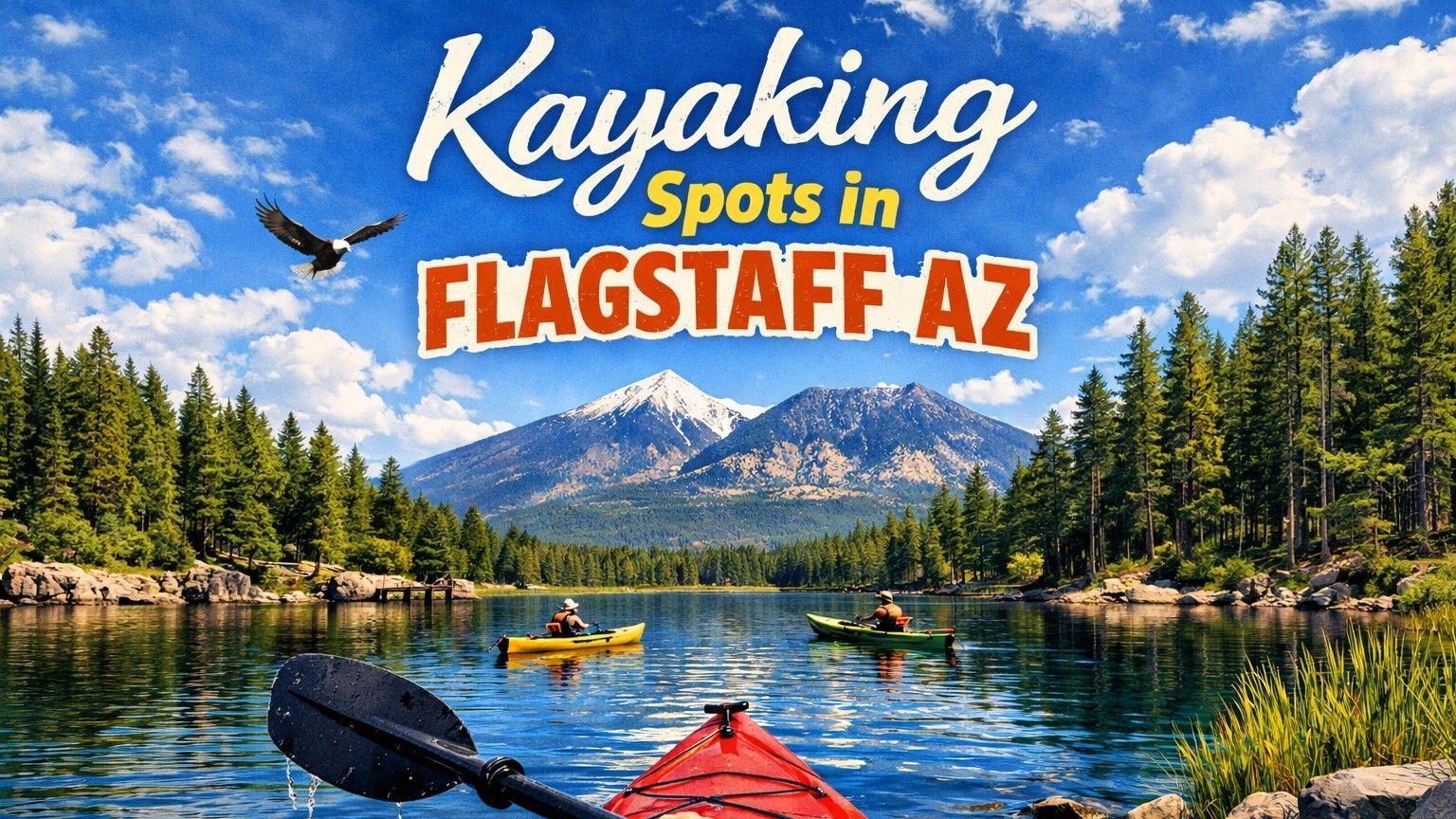 Kayakers on a lake surrounded by trees and mountains, in Flagstaff, Arizona. Bright blue sky with an eagle.