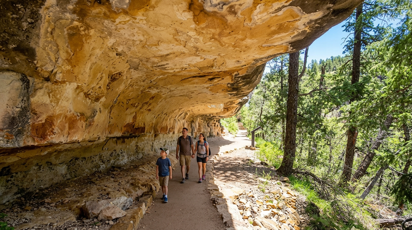 Hikers walking beneath a sunlit rock overhang along a forest trail