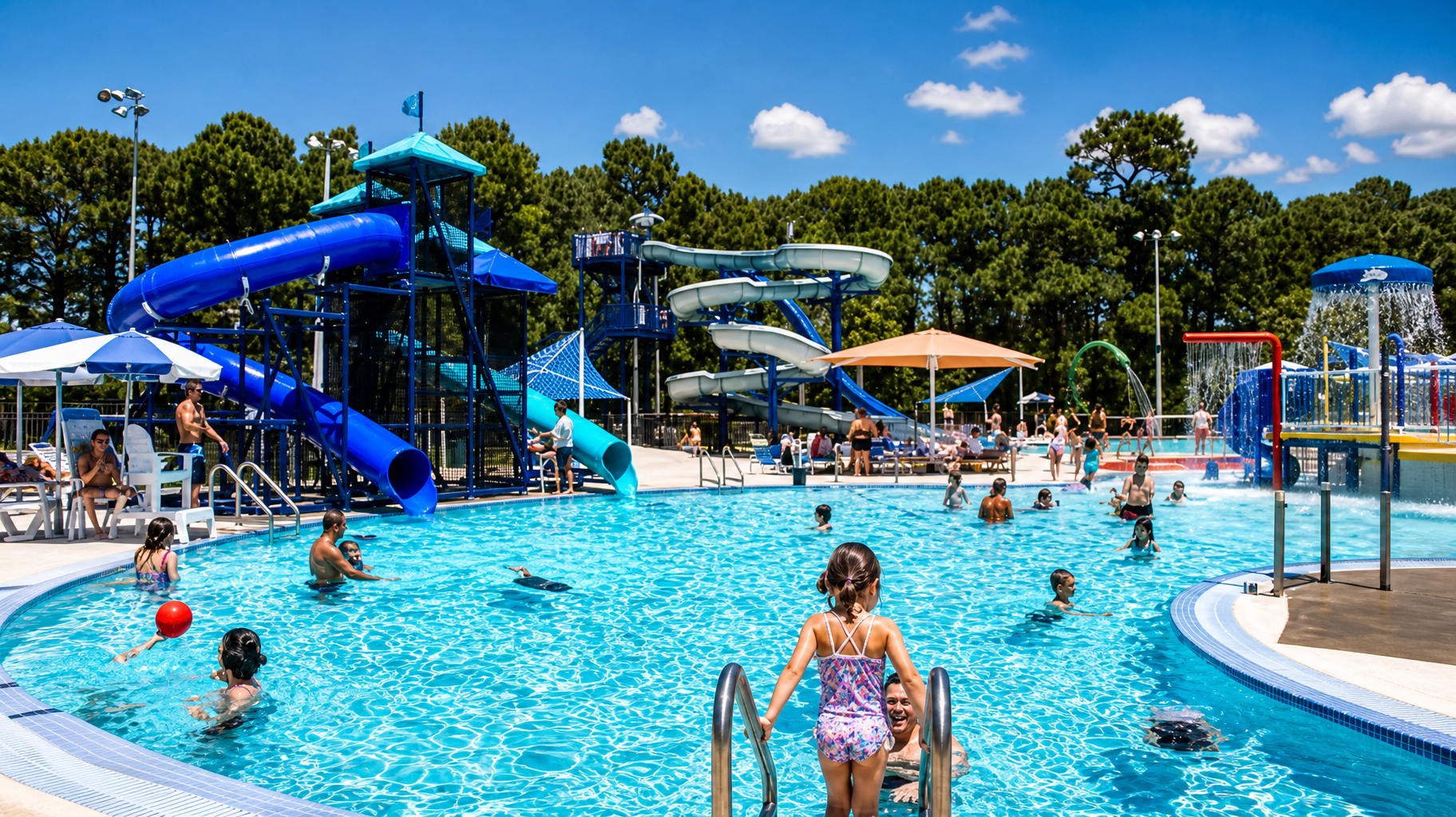 Crowded outdoor water park with blue slides, a shallow pool, and children swimming under a sunny sky