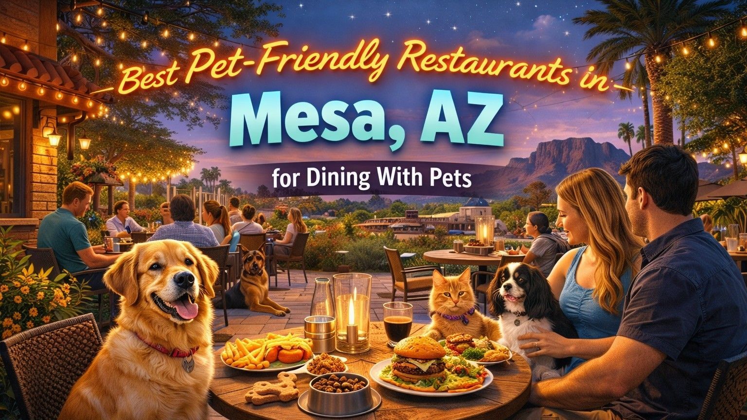 A pet-friendly restaurant in Mesa, AZ, with people and dogs dining outdoors at night.