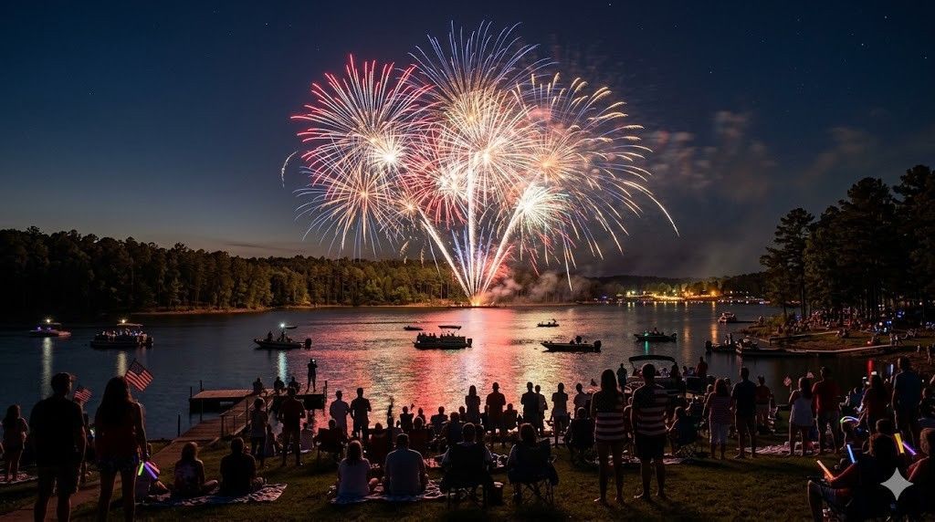 Crowd watching fireworks over a lake at night, with reflections on the water and trees along the shore