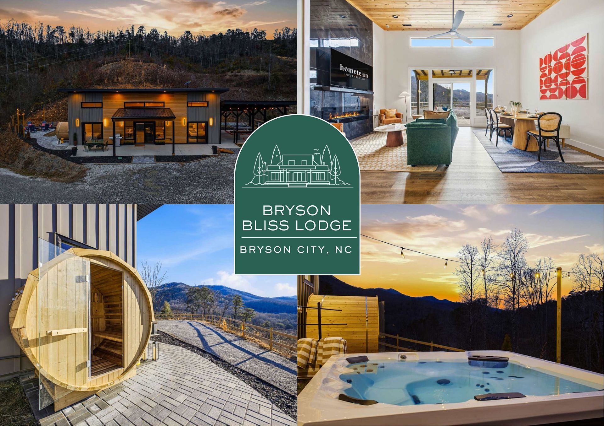 Collage of a modern desert lodge with wood interiors, sunset views, and a hot tub at dusk
