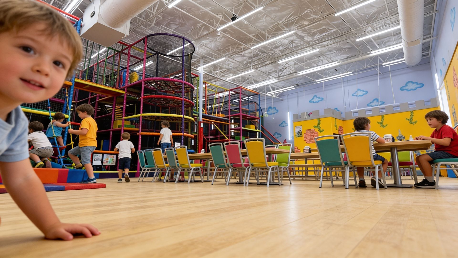 Child in foreground of a colorful indoor play area with climbing structures and seated people in the background
