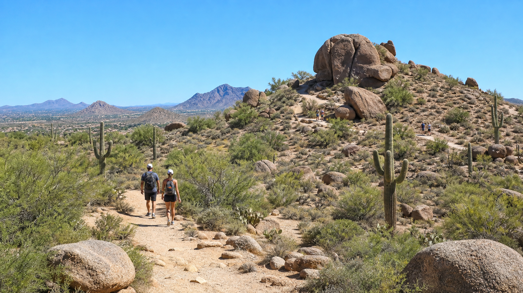 Two hikers on a desert trail beside cactus-covered hills and rocky mountains under a clear blue sky