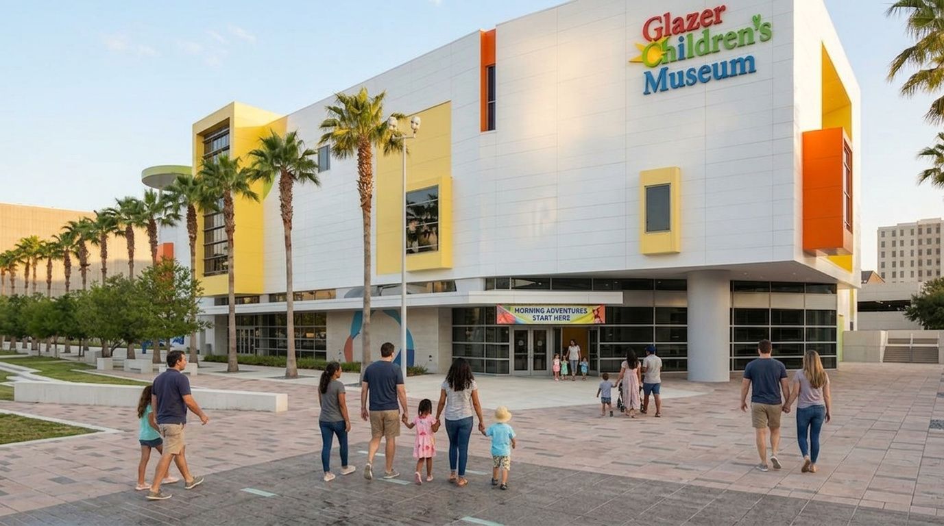 Glass Children’s Museum building with people walking toward the entrance at sunset