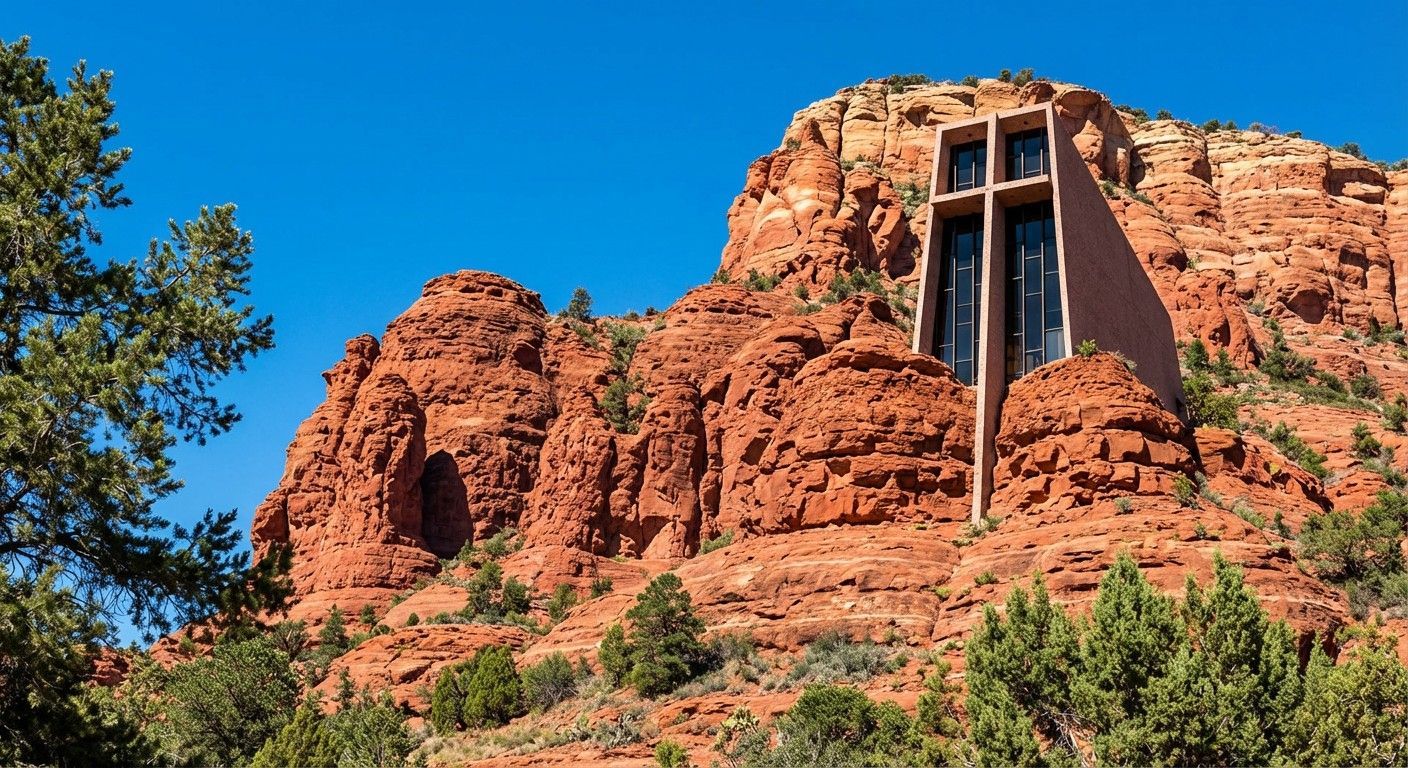 Red rock cliff with a tall vertical window-like structure under a bright blue sky, framed by trees and shrubs