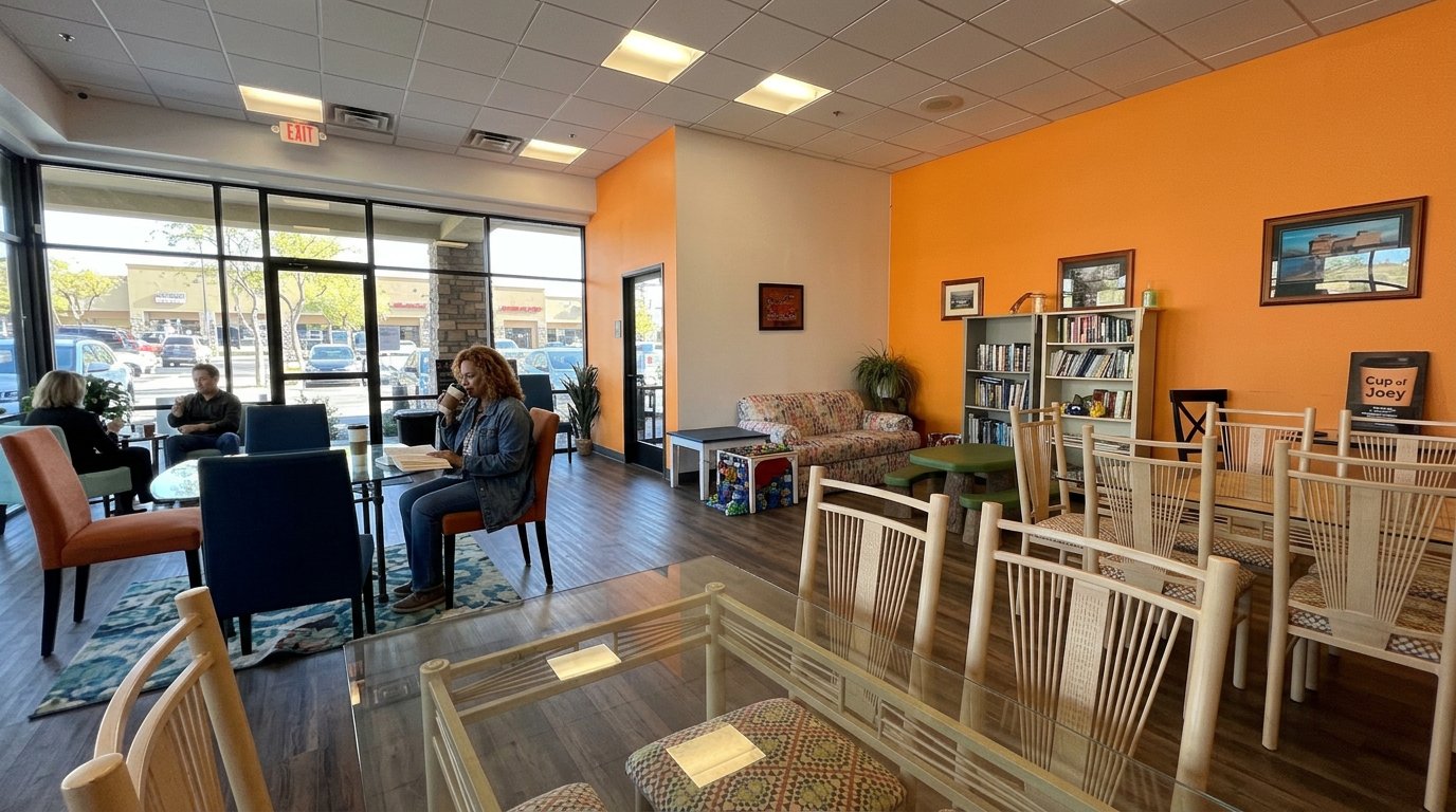 Bright café interior with orange wall, white chairs, tables, and a few people seated near the entrance.