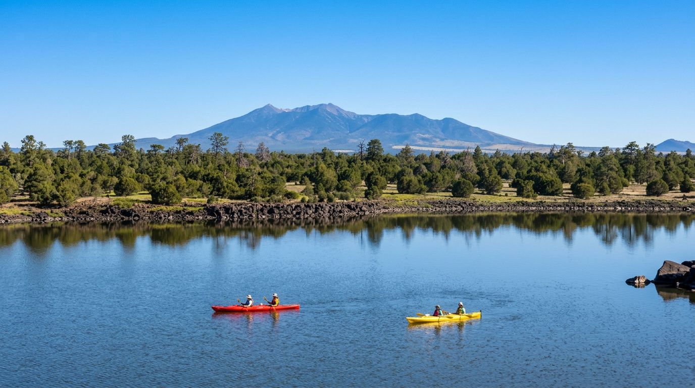 Two kayaks on a calm lake with a mountain and palm trees in the background
