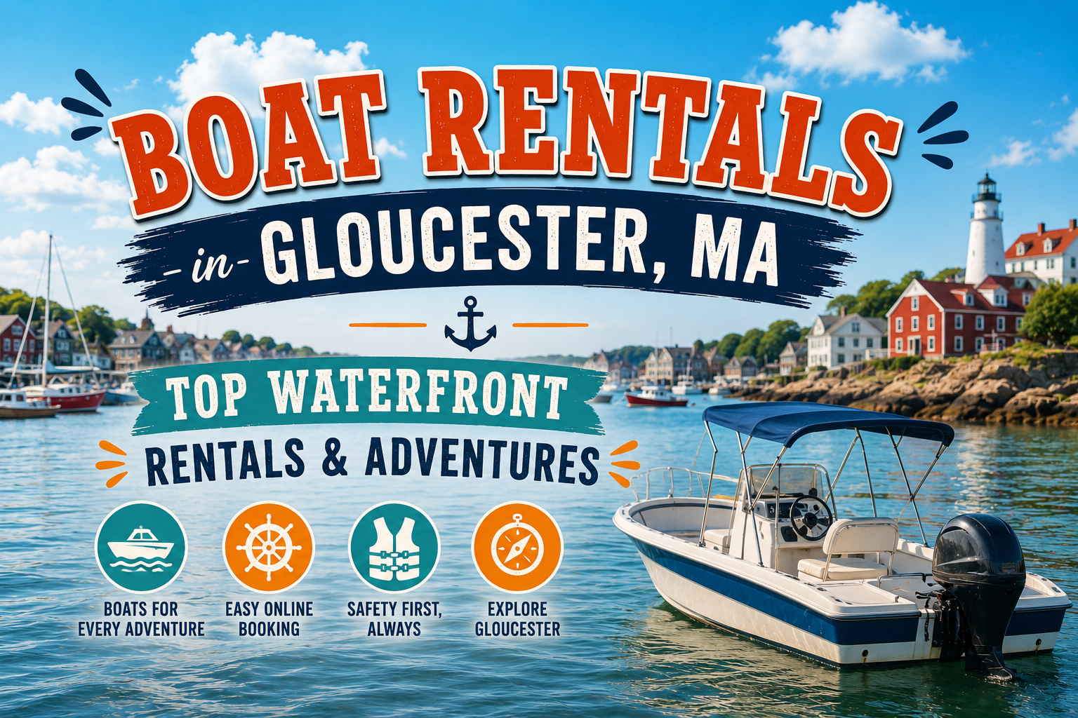 Boat rentals in Gloucester, MA with waterfront marina, sailboats, and blue sky.