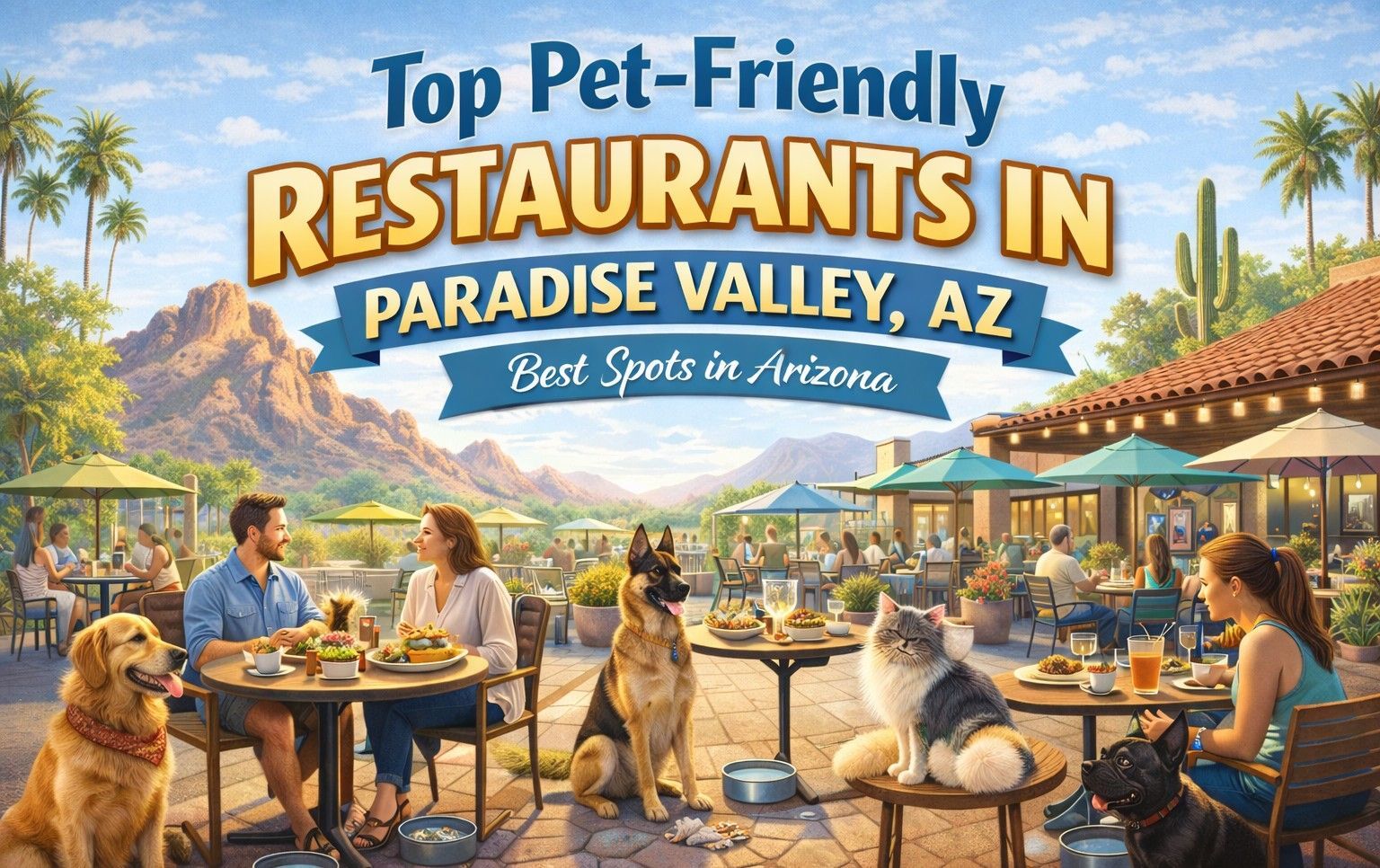 Advertisement: People and pets dining outdoors at pet-friendly restaurants in Paradise Valley, Arizona, with a mountain backdrop.