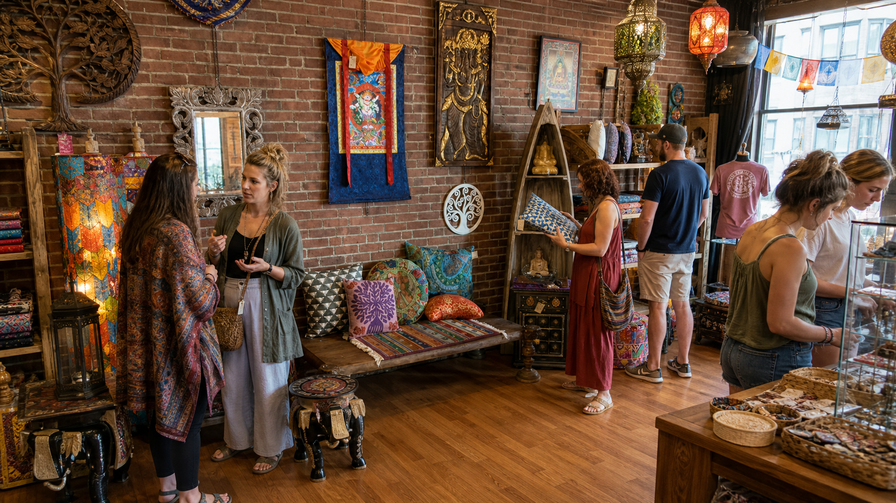 Shoppers browsing handmade goods in a rustic brick-walled boutique with colorful decor