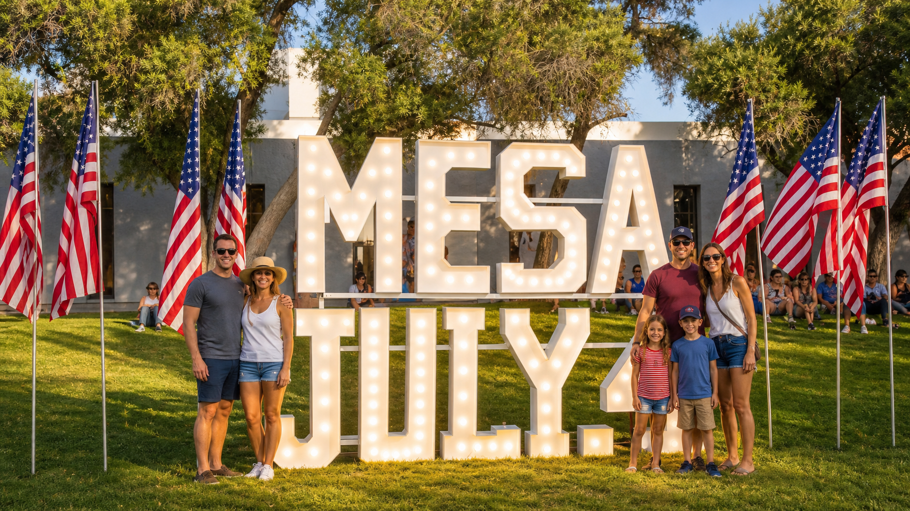 People posing in front of large lit “MESA JULY” letters with American flags on a grassy lawn
