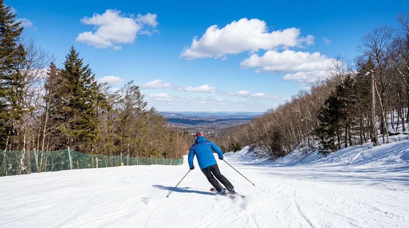 Skier in a blue jacket carving down a snowy slope with trees and blue sky in the background