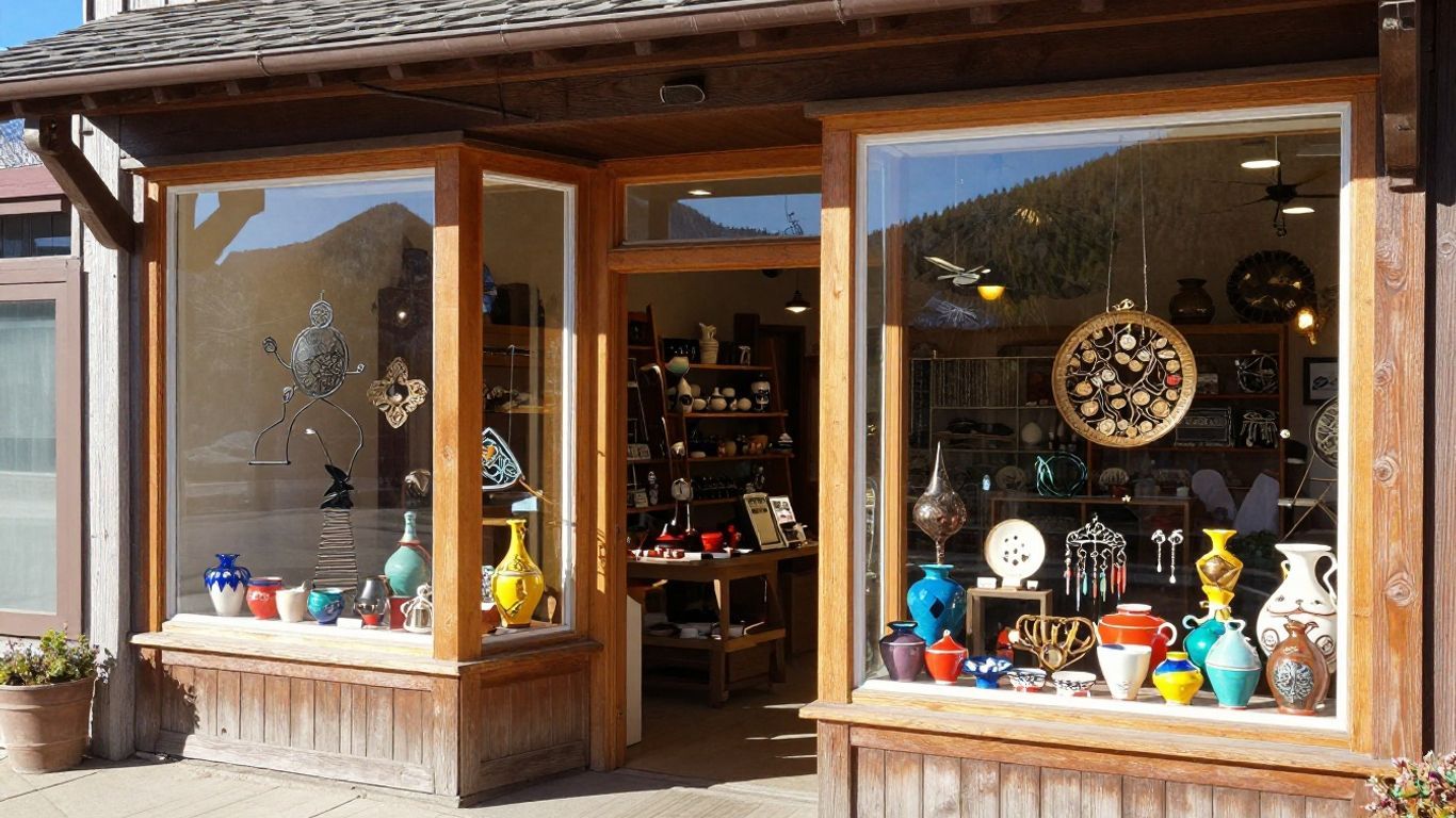 Wooden storefront display with colorful pottery and crafts in large windows
