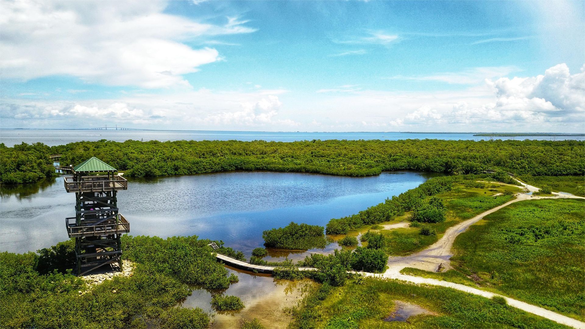 Observation tower overlooking a lagoon surrounded by green mangroves, trails, and ocean under a blue sky.