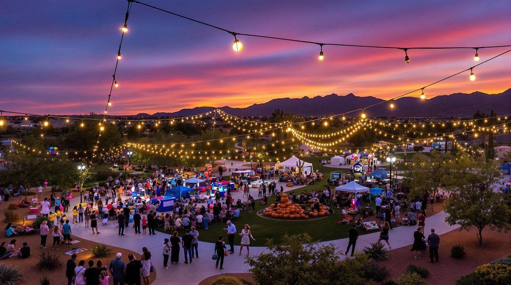 Festival at sunset with string lights, crowds, food vendors, and a colorful sky.