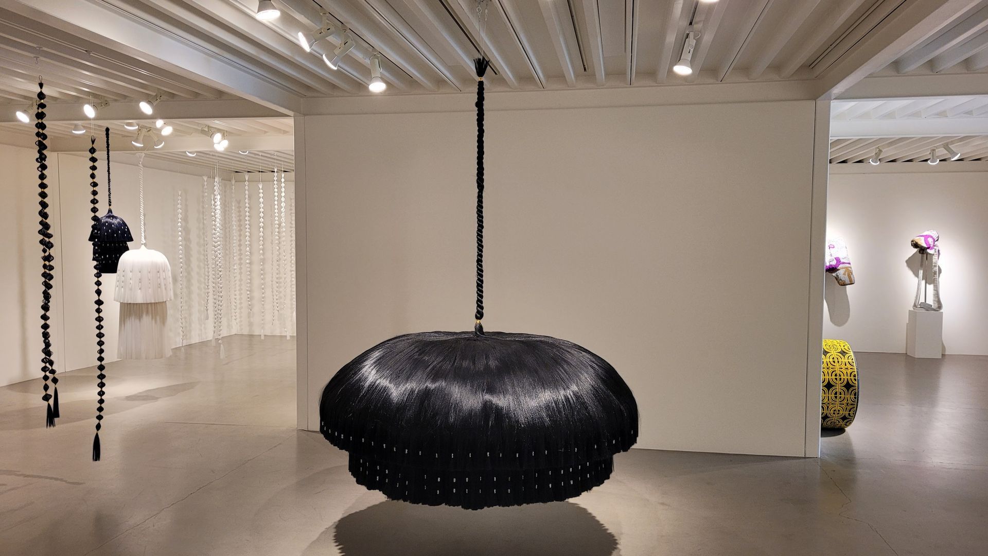 Art gallery interior with hanging black hair sculpture. White walls and various other art pieces on display.