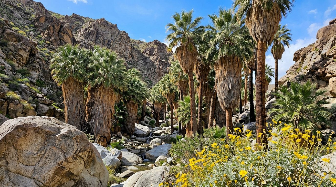 A sunlit desert canyon oasis featuring a grove of palm trees, large rocks, and patches of yellow wildflowers.