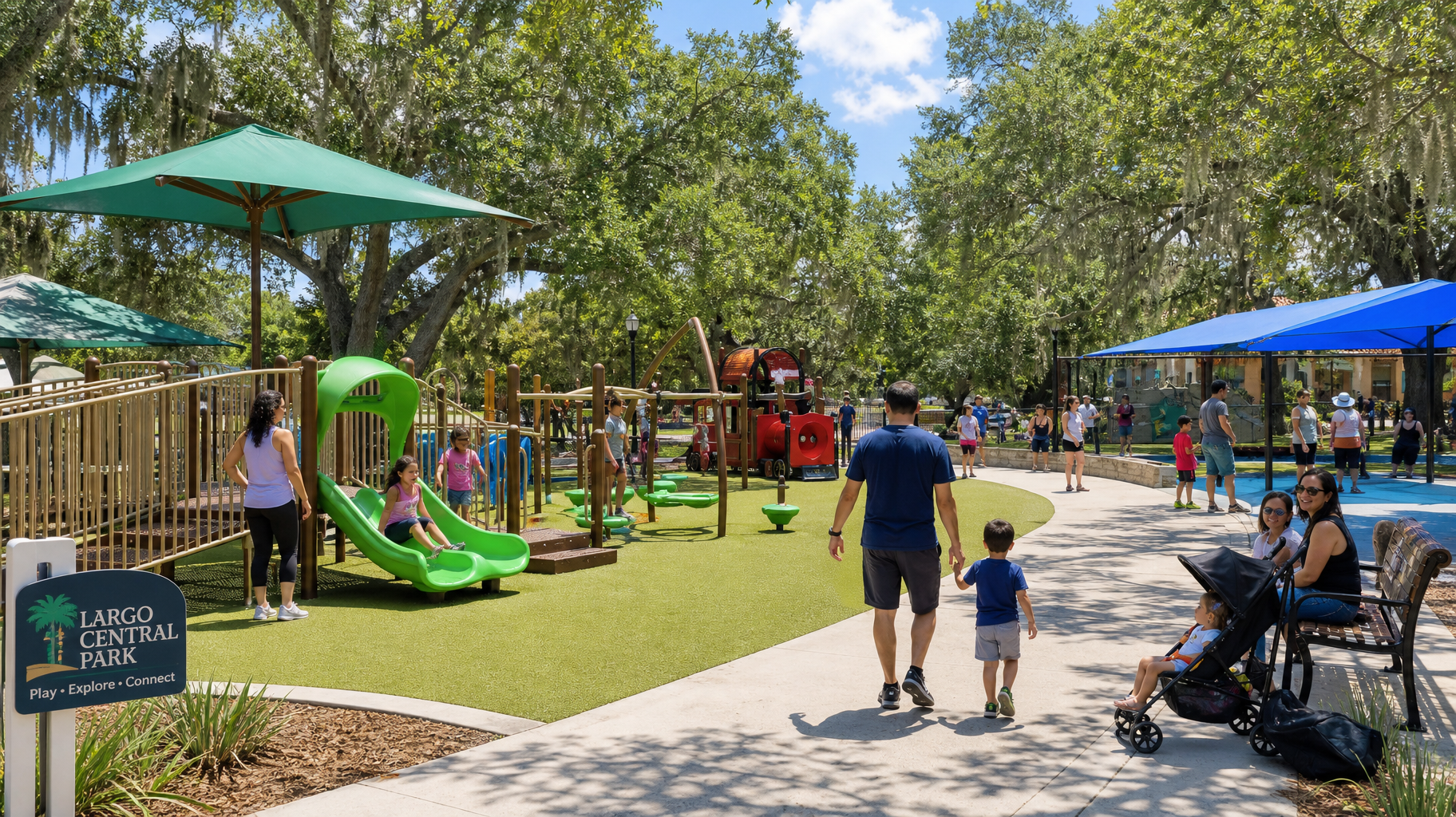 Park playground with children on a green slide, adults walking, and people relaxing under blue and green umbrellas
