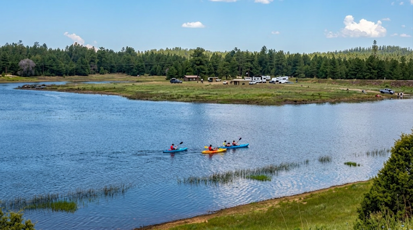 Two kayakers paddling on a calm lake near a grassy shore and tree-lined bank