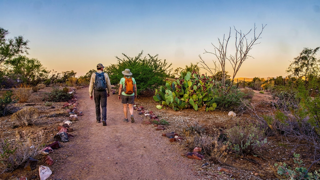 Two hikers walking a dirt trail at sunset through a dry desert landscape
