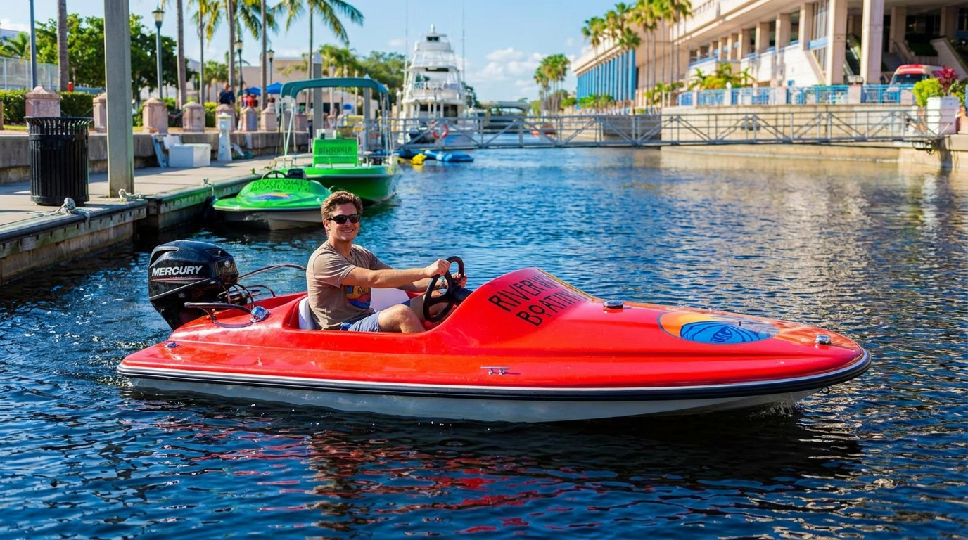Person in a red pedal boat on a canal with waterfront buildings and palm trees behind.