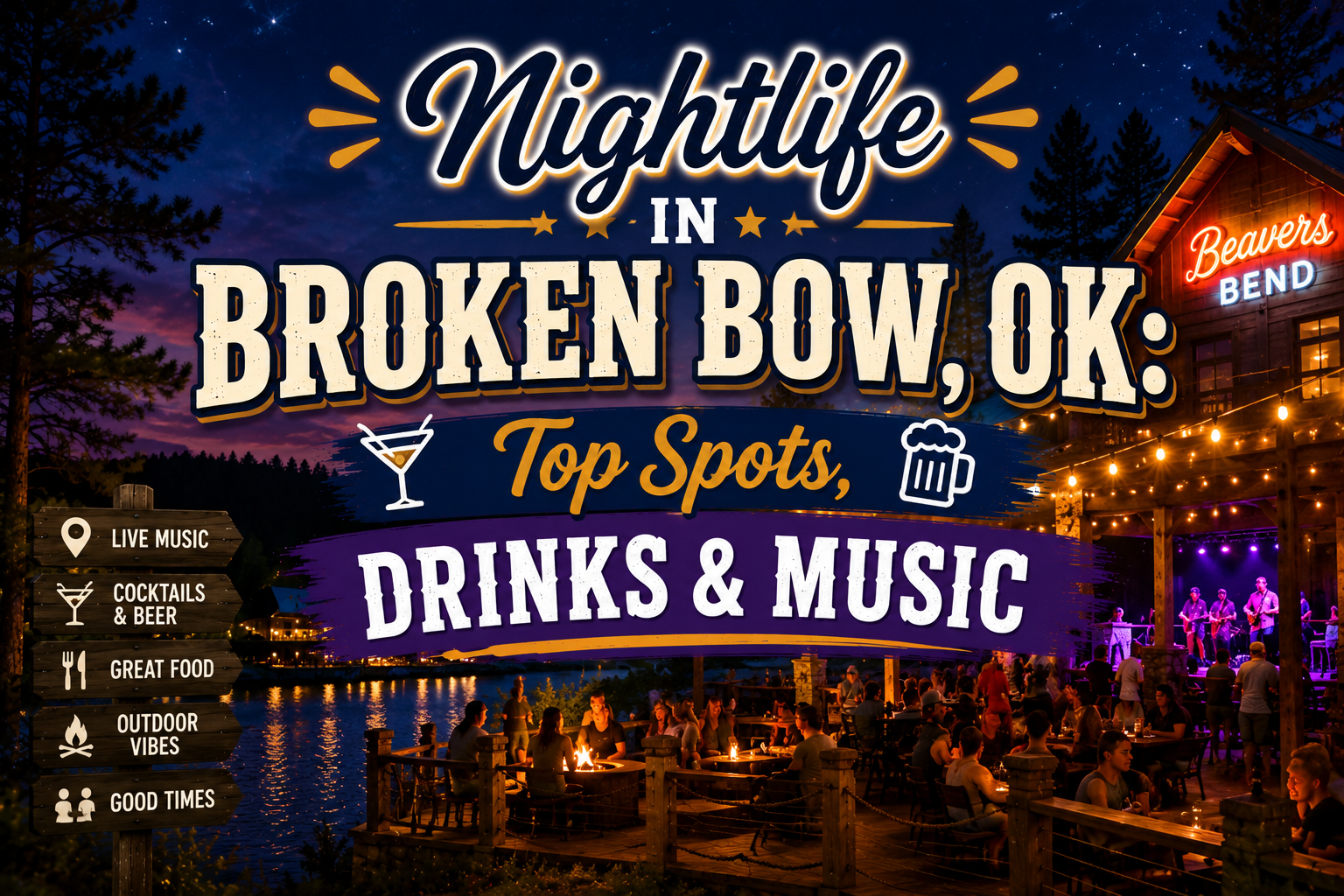 Nightlife in Broken Bow, OK poster with neon text over a glowing outdoor dining and music scene