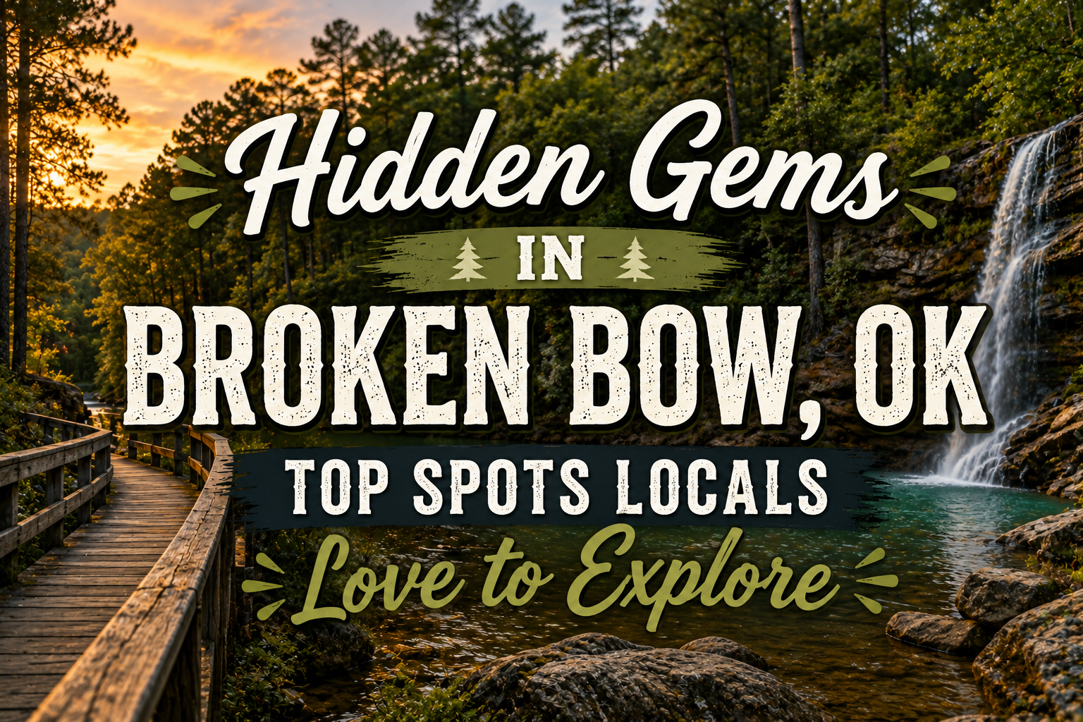 Broken Bow, OK forest bridge at sunset with text: “Hidden Gems in Broken Bow, OK”