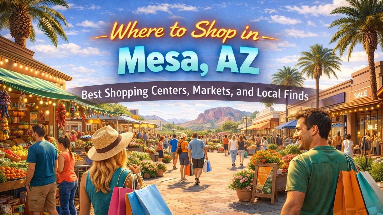 Crowd shopping in Mesa, AZ. Sign says 