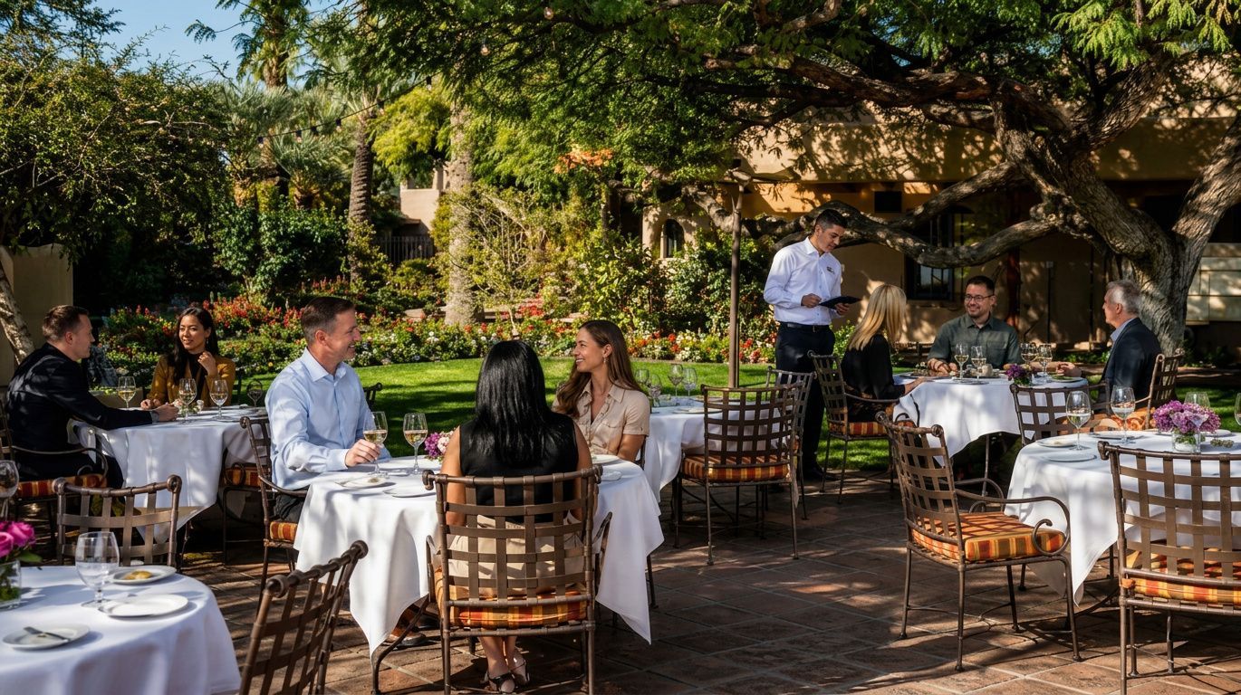 People dining at outdoor tables in a leafy garden patio, with white tablecloths and warm sunlight.