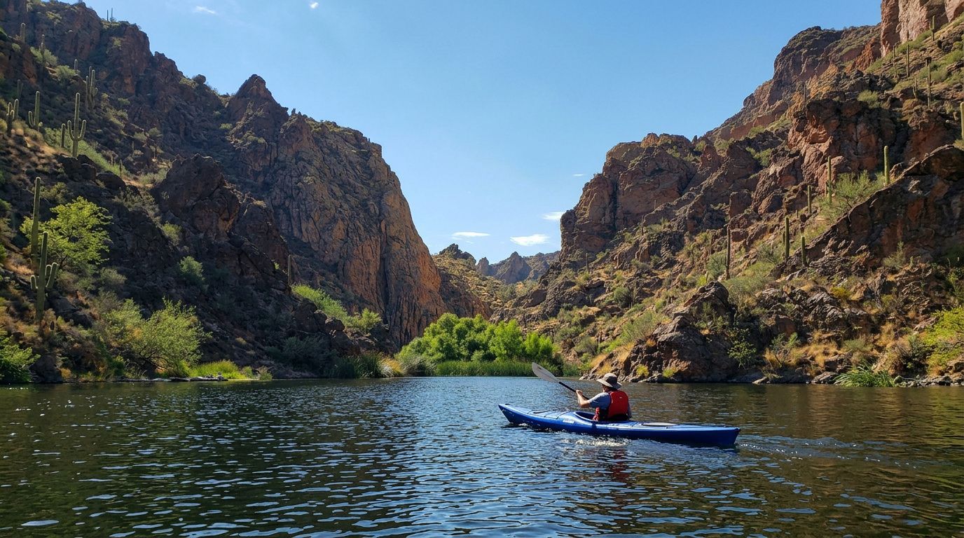 Kayaker paddling a blue kayak on a calm river between rocky canyon walls under a clear sky