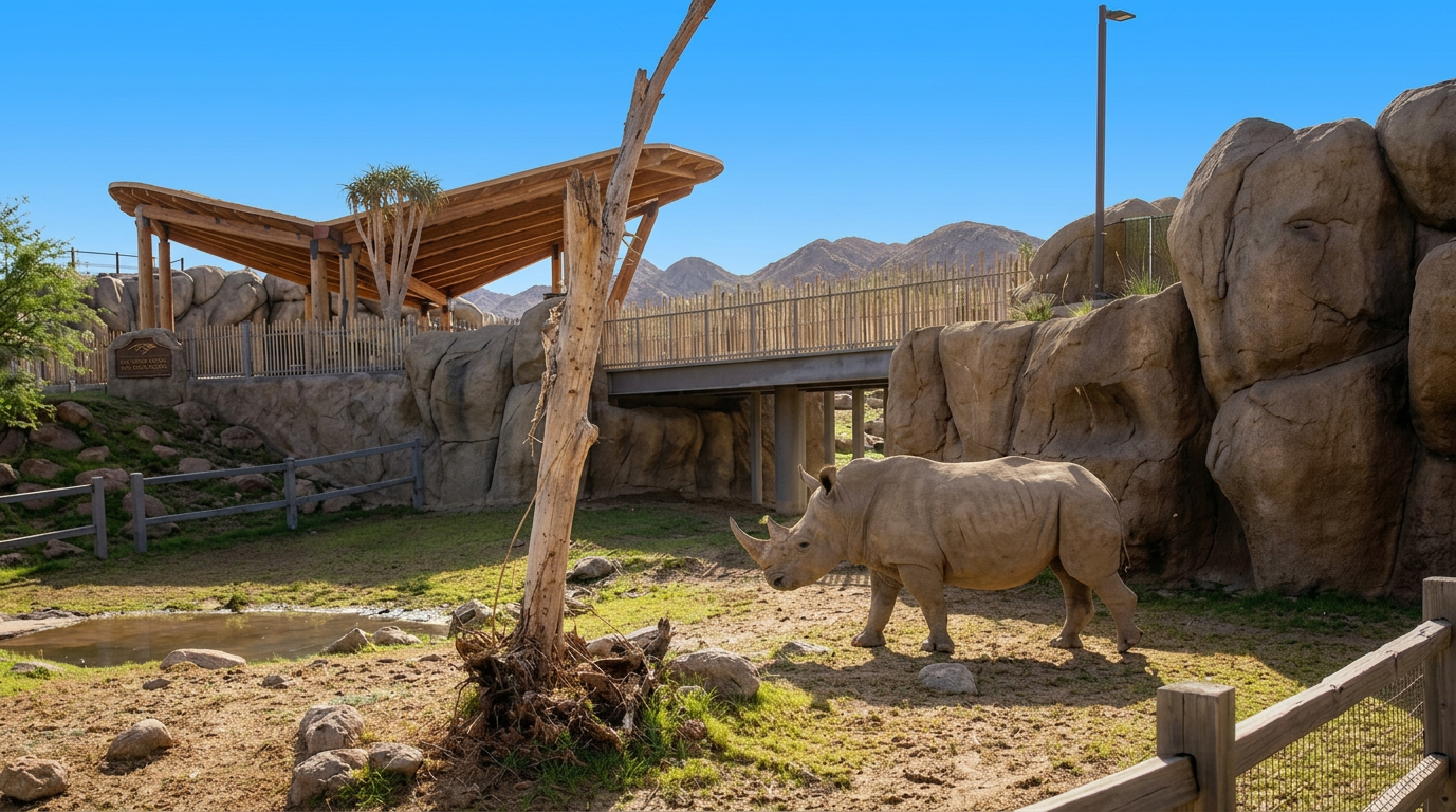Rhino standing in a rocky zoo habitat with wooden shade structures and mountains in the background