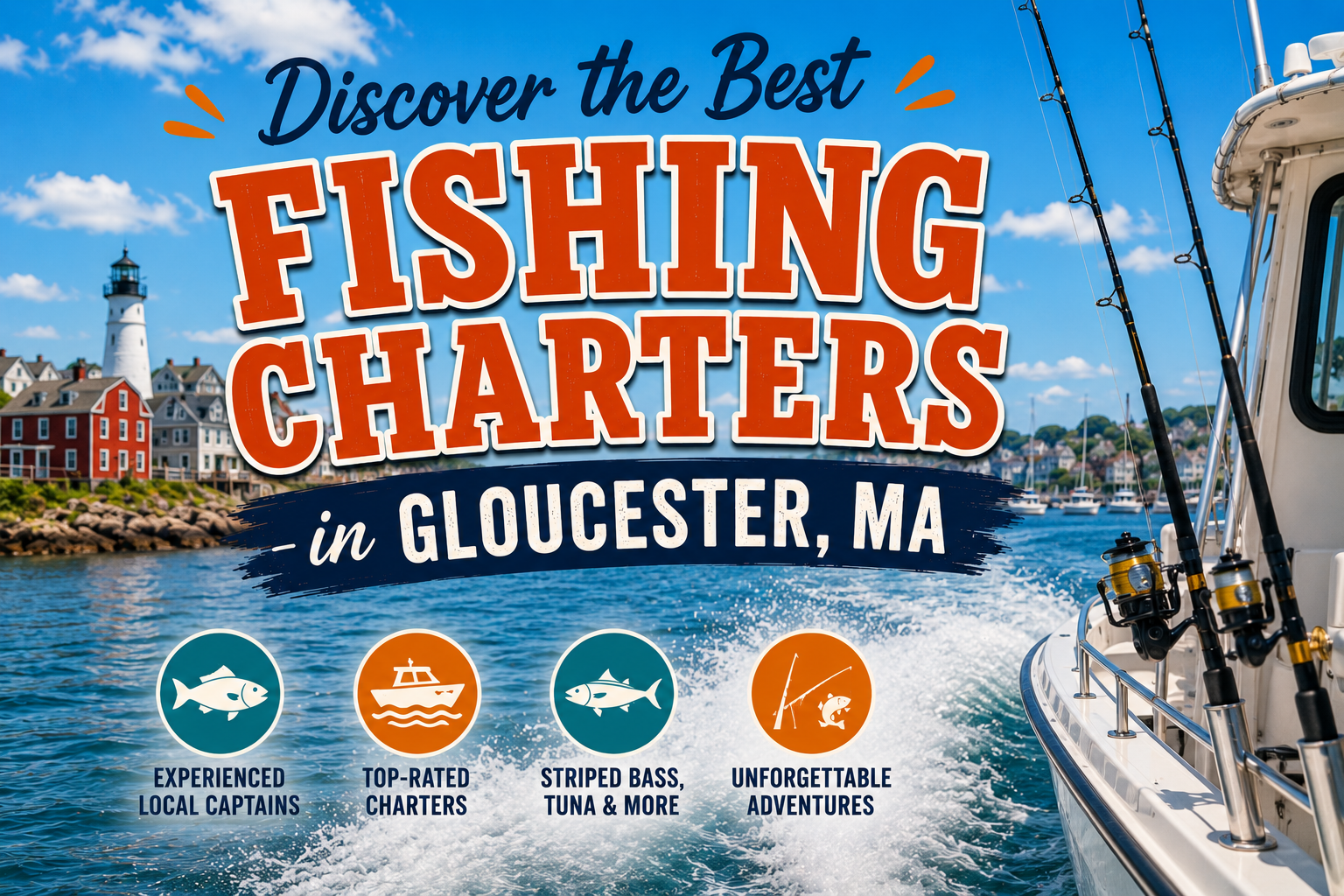 Fishing charters ad over blue harbor, with boat and Gloucester, MA text.