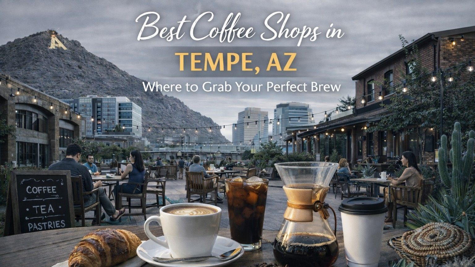 Coffee shop scene in Tempe, Arizona with outdoor seating, coffee drinks, and text overlay: