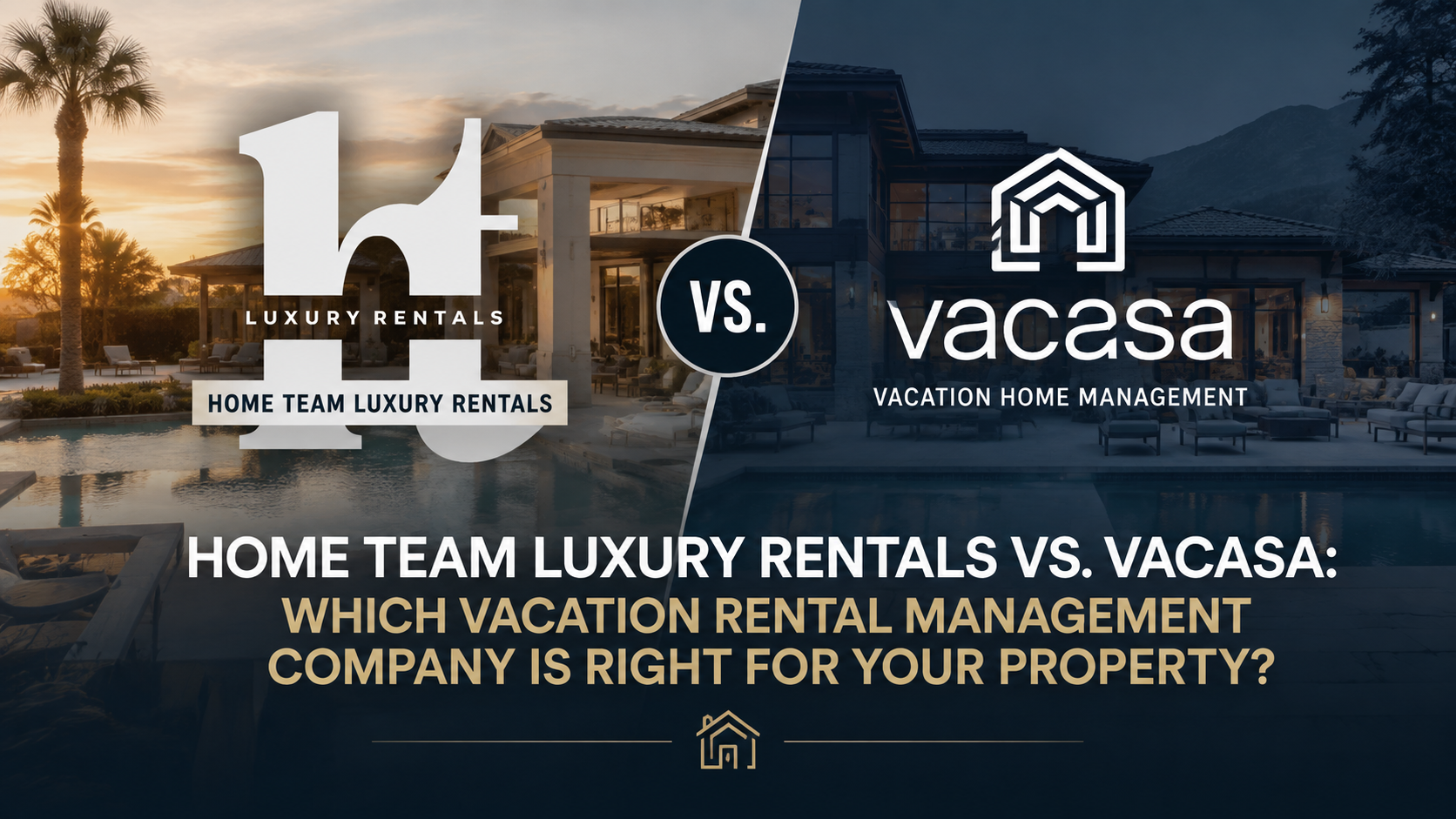 Luxury vacation rental comparison graphic: Home Team vs. Vacasa with homes and night sky background