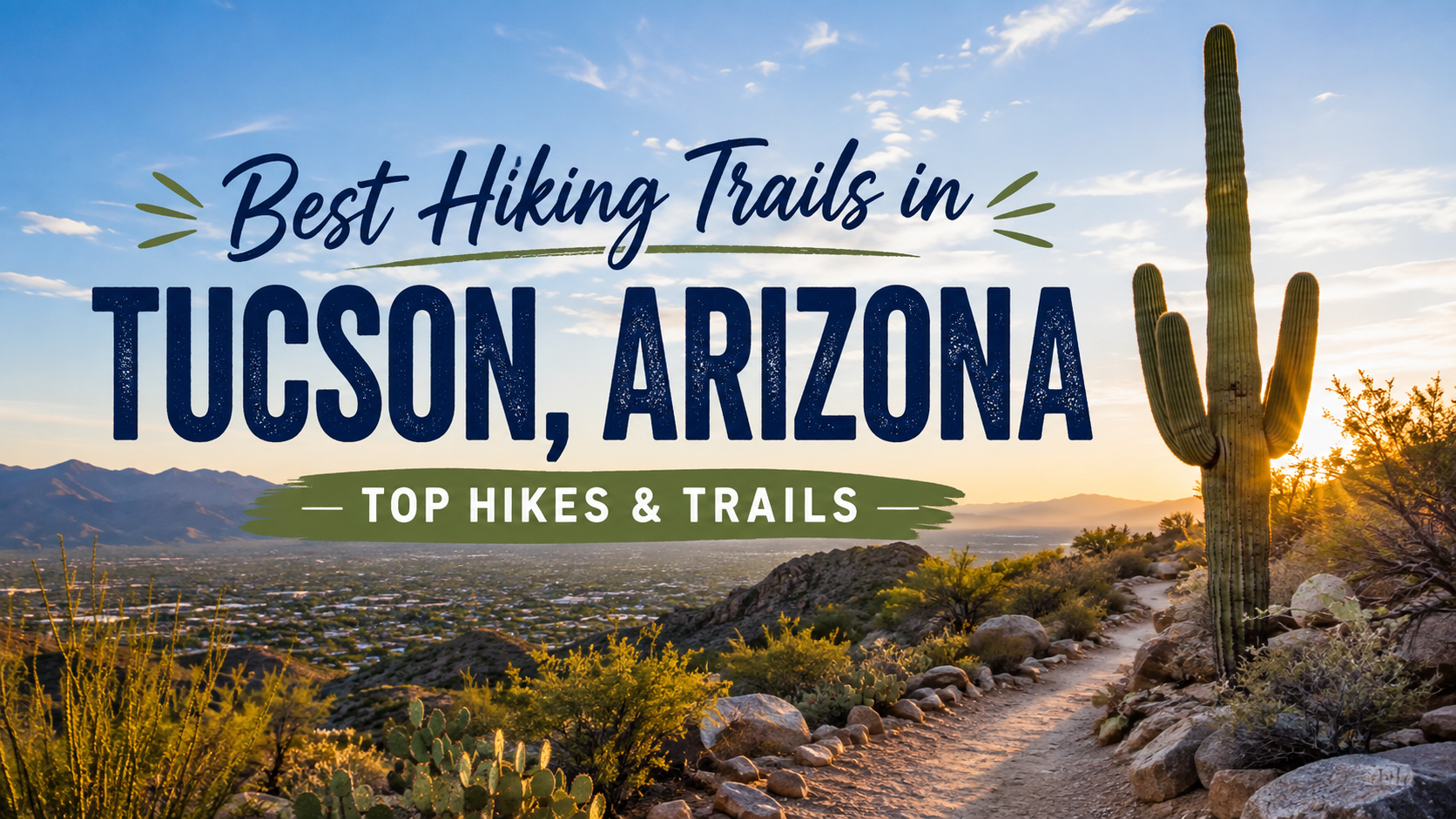 Best hiking trails in Tucson, Arizona with desert landscape and a saguaro cactus at sunset