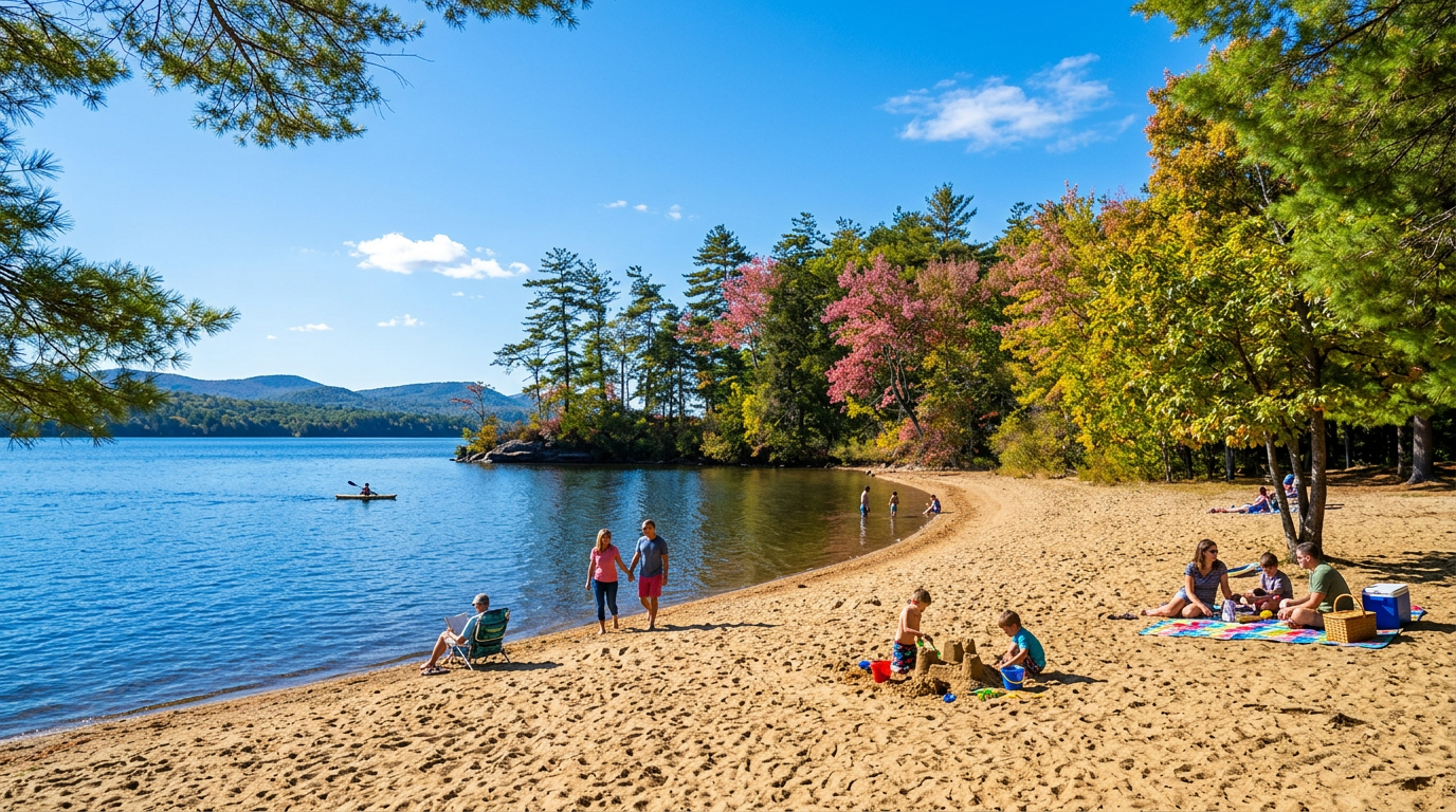 Sunny lakeside beach with people relaxing on sand, swimmers in blue water, and colorful autumn trees nearby