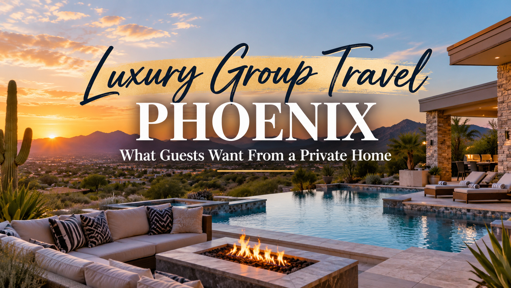Luxury Group Travel Phoenix logo over luxury backyard pool and patio at sunset