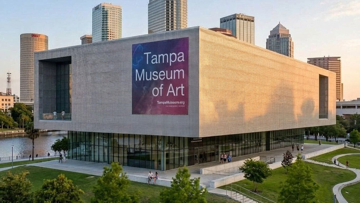 The Tampa Museum of Art, a modern, rectangular building with a metallic facade, set against a city skyline and green park.