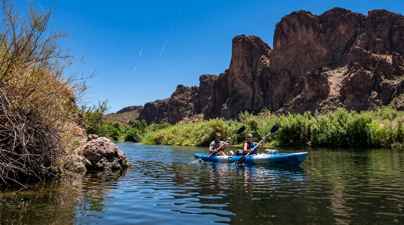 Kayakers paddling on a calm desert river beside rocky cliffs under a clear blue sky