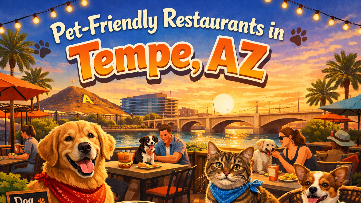 Pet-friendly restaurants in Tempe, AZ: Dogs and a cat at outdoor tables with city and bridge in the background.