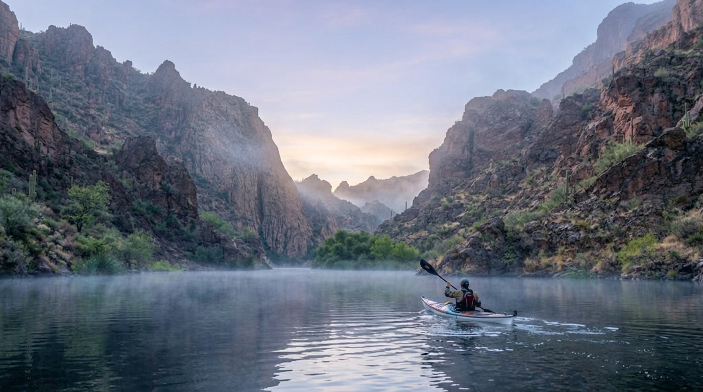 A lone kayaker on a misty river between steep rocky cliffs at dawn