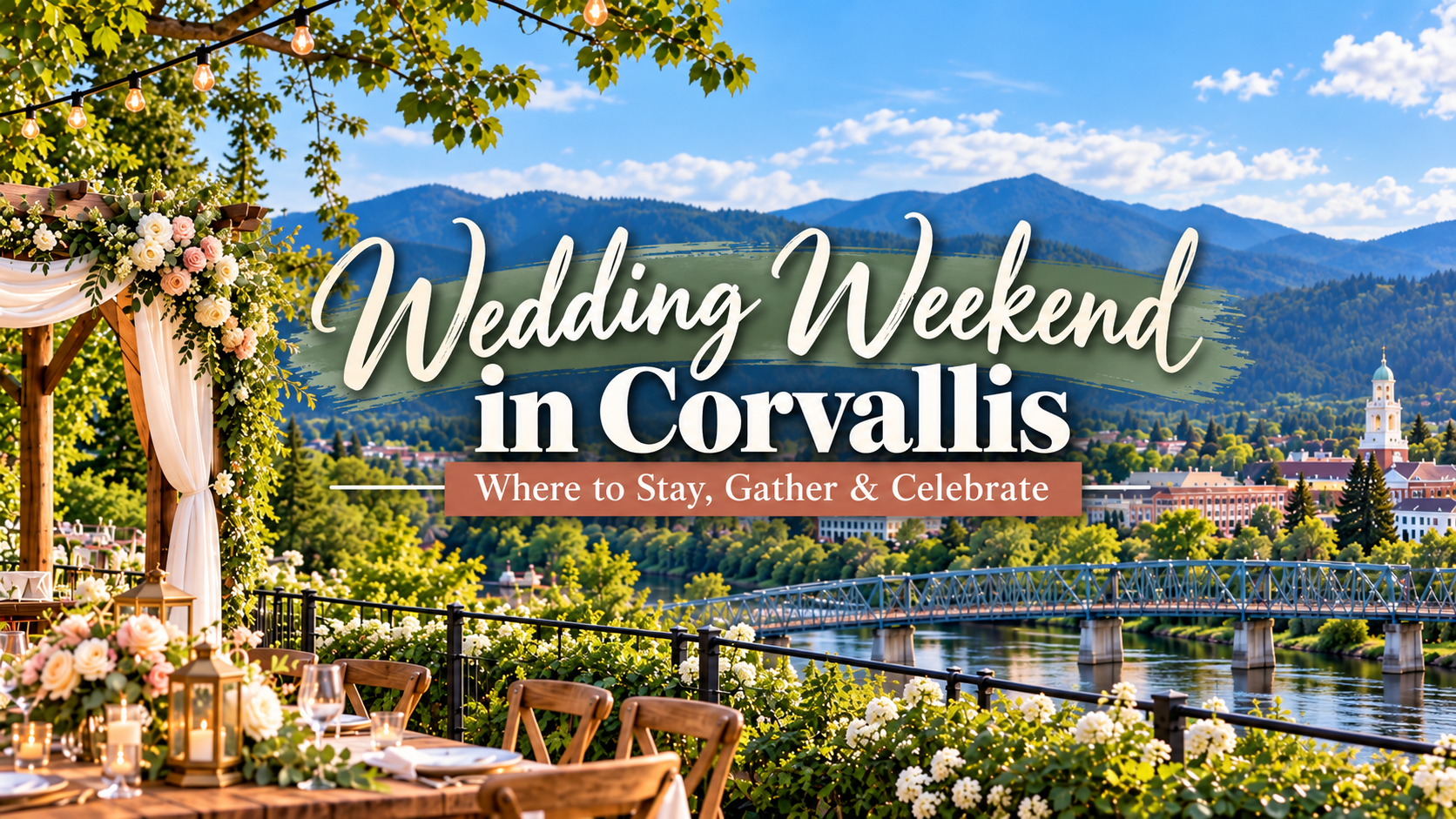 Wedding Weekend in Corvallis poster with waterfront dining, flowers, and city skyline at sunset