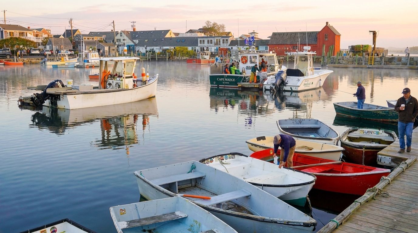 Small harbor with moored boats, calm water reflections, and buildings at sunset.
