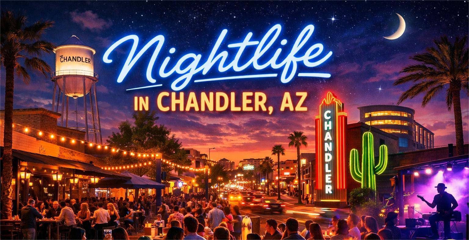 Nightlife in Chandler, AZ: Crowds at an outdoor venue with neon signs, stage, and palm trees at dusk.