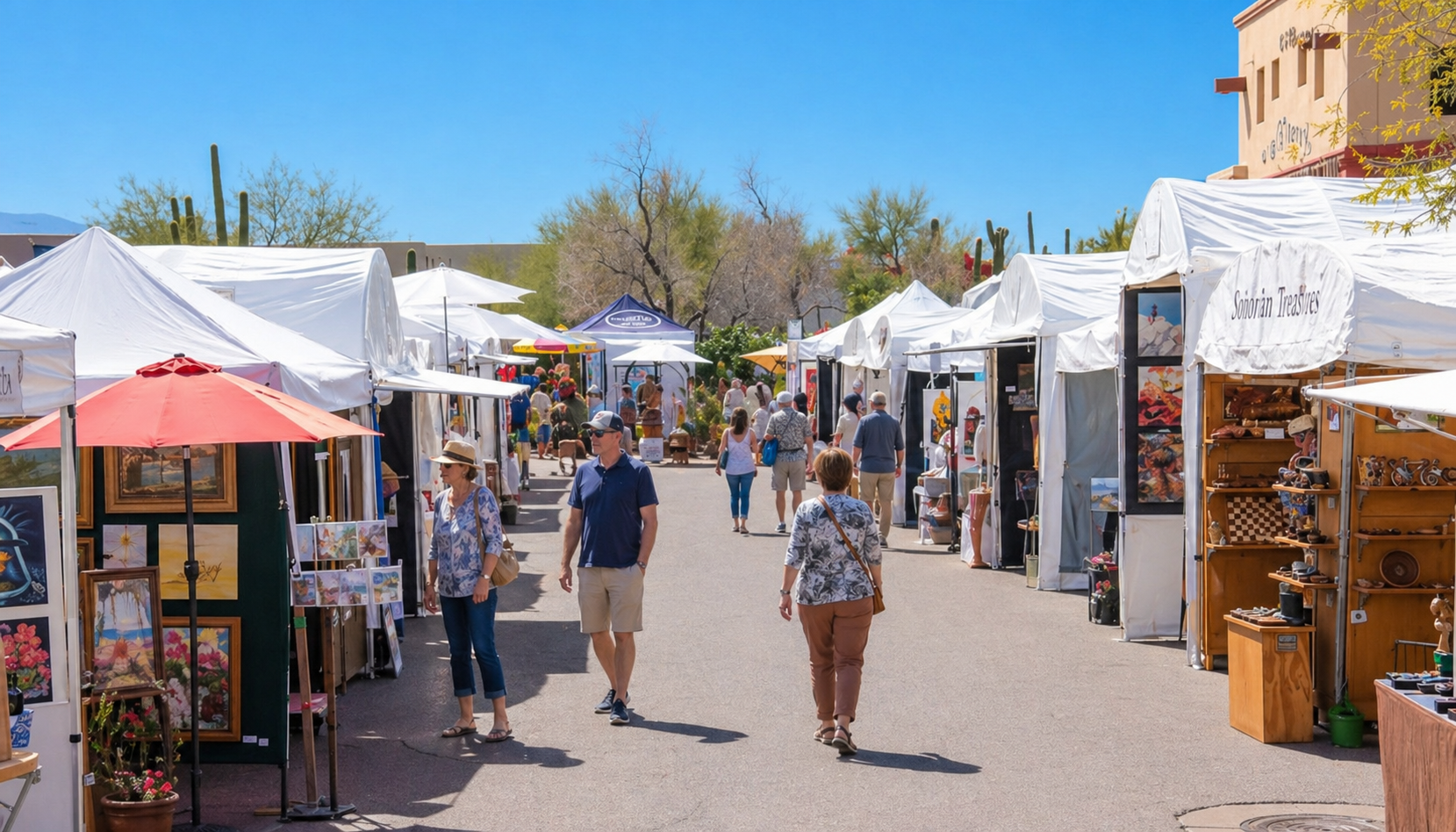 Outdoor art fair with white tents, hanging artworks, and shoppers walking down a sunny market aisle