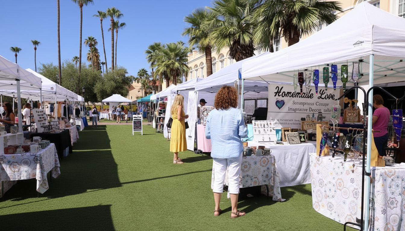 Outdoor craft market with white tents, tables of handmade goods, and people browsing on a sunny lawn.