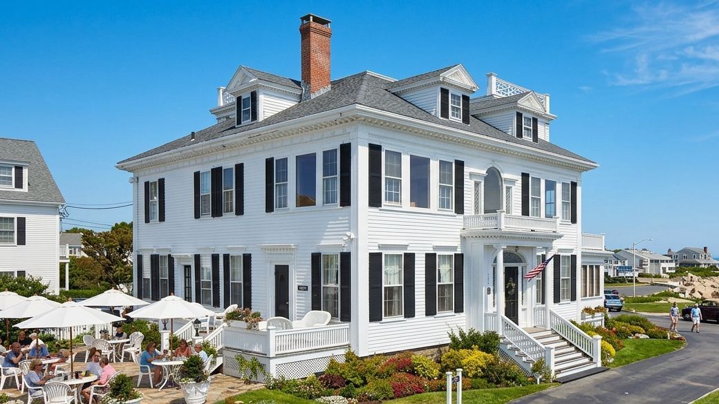 White coastal house with black shutters, flower gardens, and oceanfront setting under a blue sky