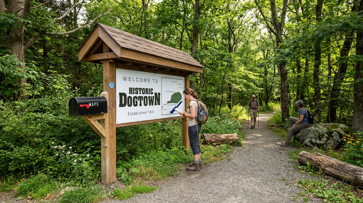 Forest trail sign for “Dawntown” beside a gravel path, with a person leaning over it in a wooded park