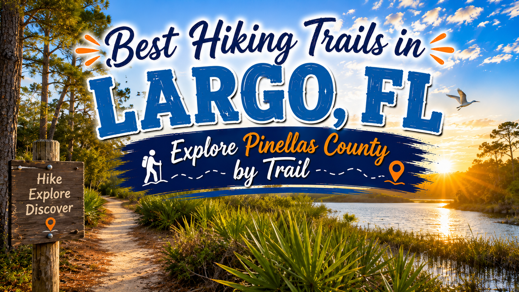 Promo graphic for best hiking trails in Largo, FL, with sunset trail and Pinellas County by Trail text